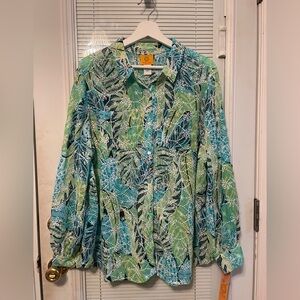 NWT Ruby Rd. Green & Teal Leaf-Print Button Down Shirt size XL